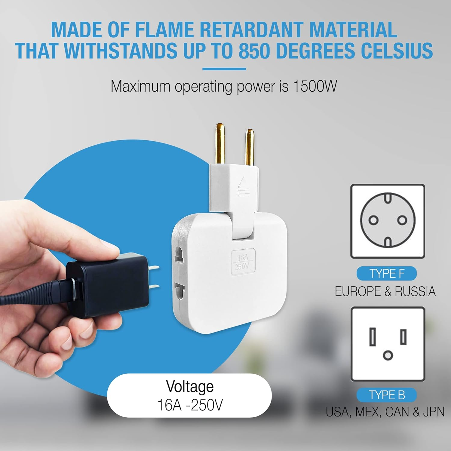 Weißer Adapter mit Goldzinken und schwarzem Ladegerät in der Hand; Text zeigt Spannung und Details.