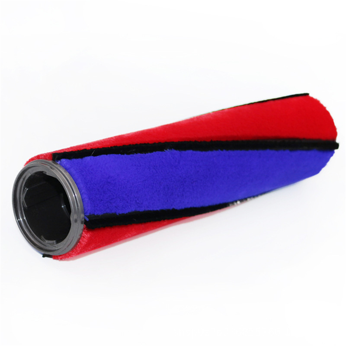 Walzenbürste mit blauen und roten Streifen. Die Bürste ist zylindrisch.