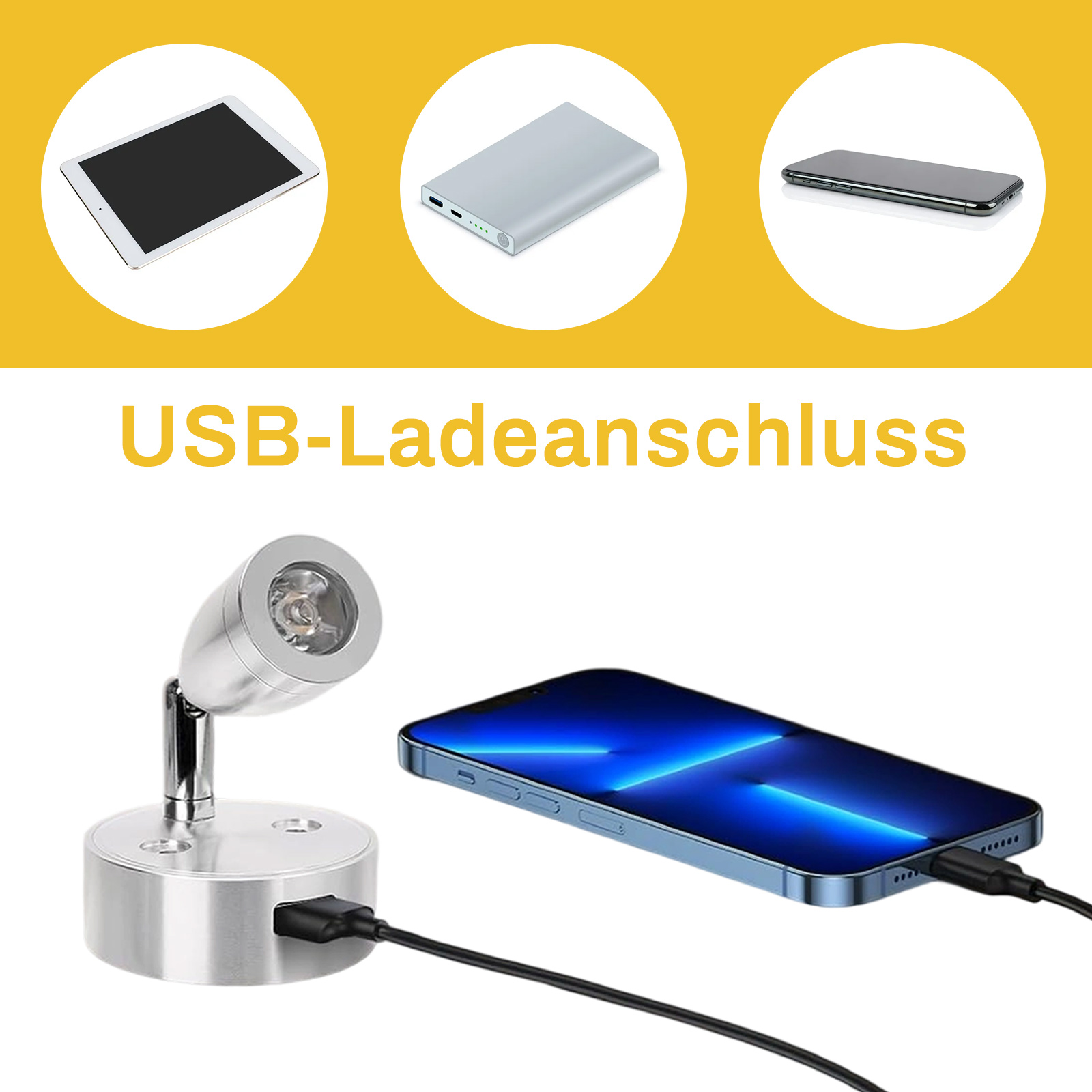 Ein Telefon wird von einer Lampe mit USB-Anschluss aufgeladen. Tablets, Powerbank und ein weiteres Telefon.