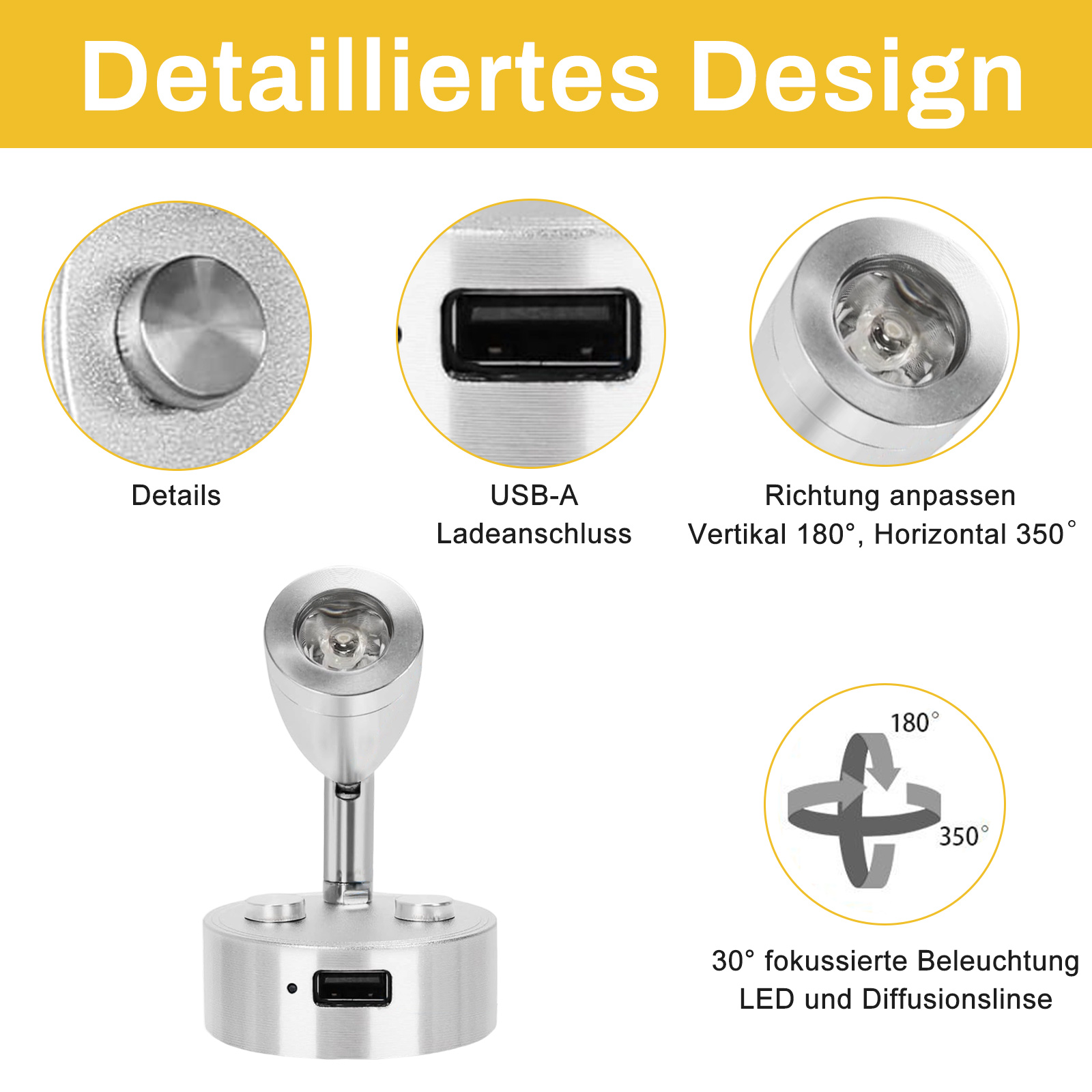 Nahaufnahme einer silbernen Lampe mit USB-Anschluss und verstellbarem Kopf. Details umfassen Nahaufnahmen des Lampenkopfes und des USB-Anschlusses.