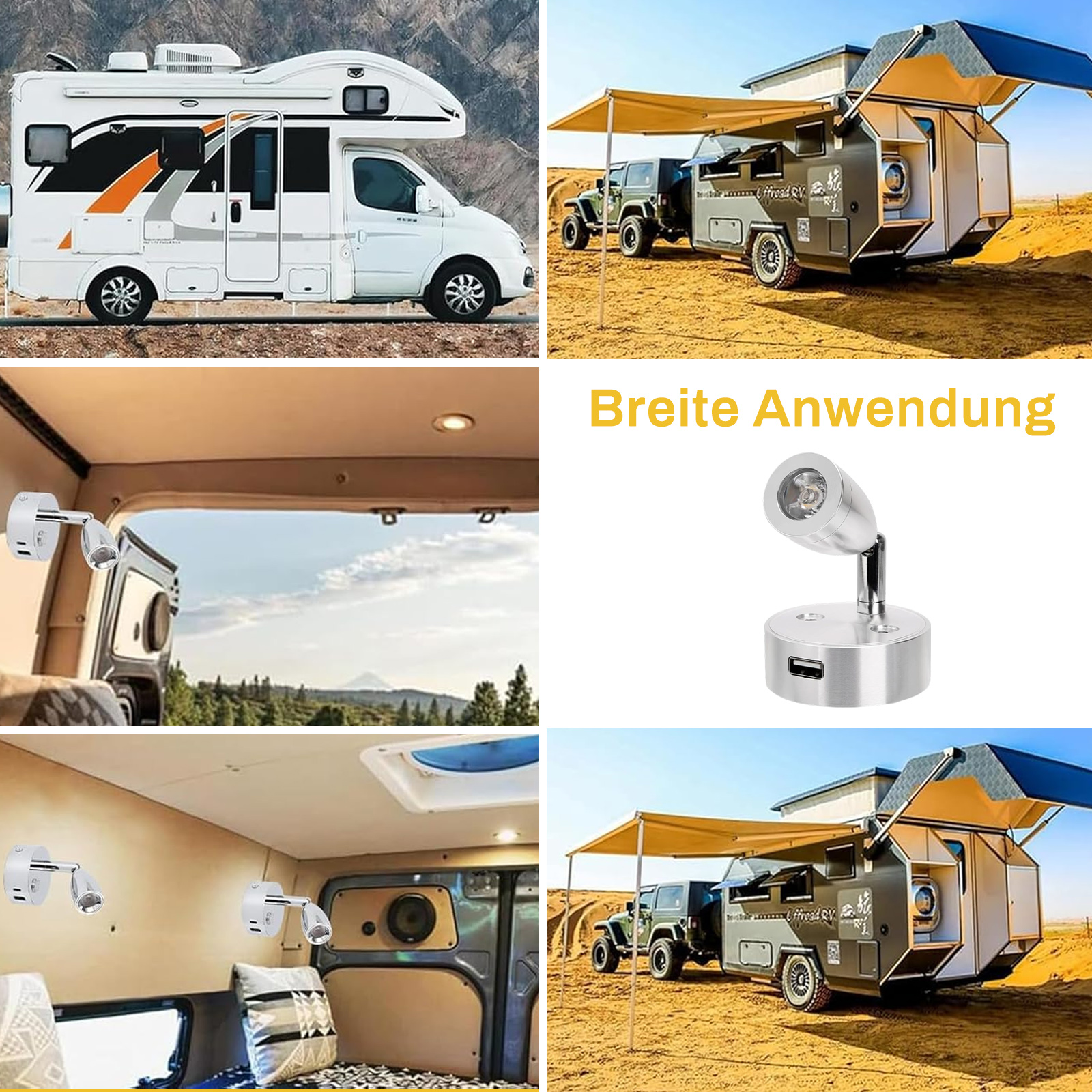 Eine Collage, die eine Vielzahl von Wohnmobilen und Camping-Setups mit Lichtern und Außenbereichen zeigt.