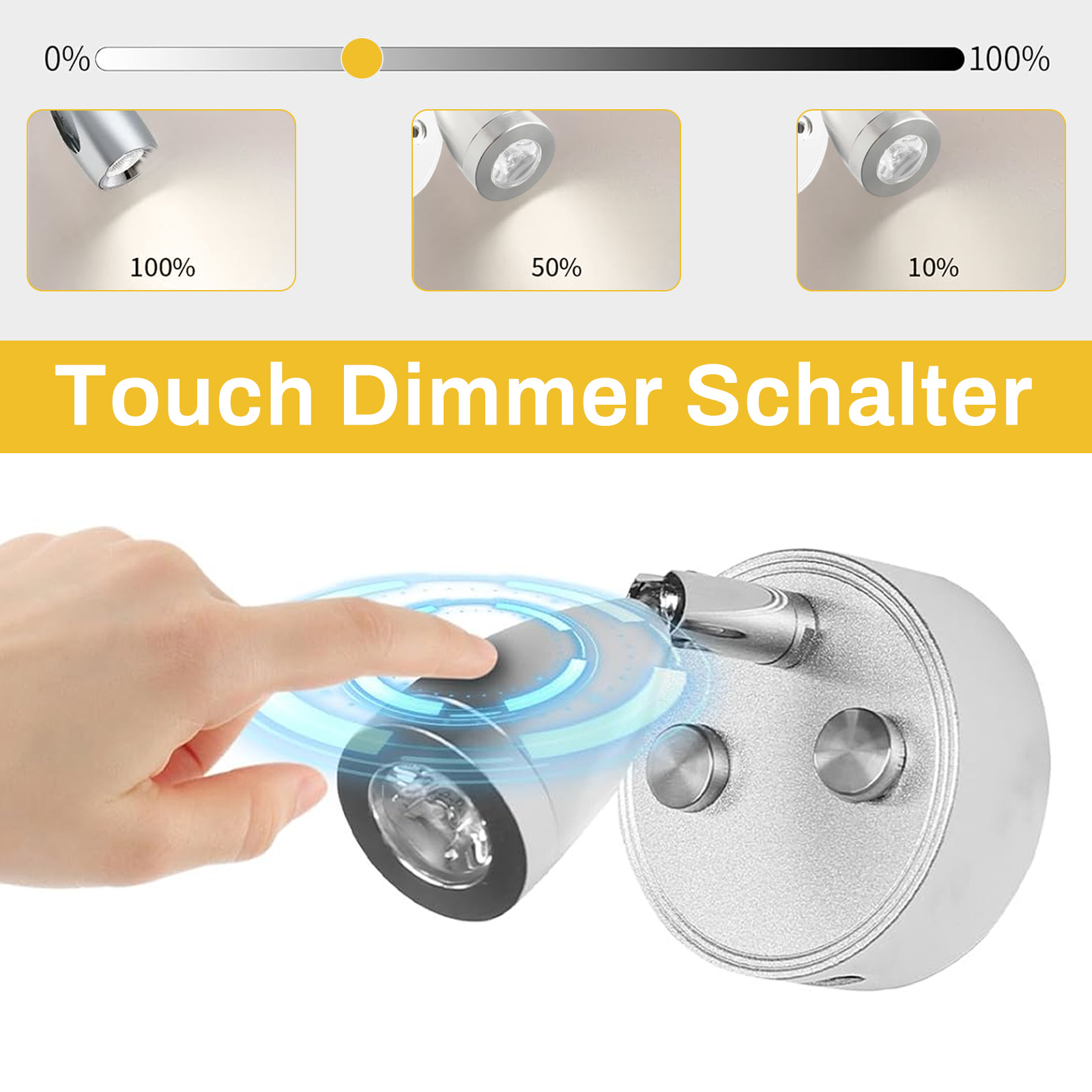 Ein Finger berührt einen Touch-Dimmer-Schalter an einer silbernen Wandleuchte. Drei Lichteinstellungen werden oben angezeigt.