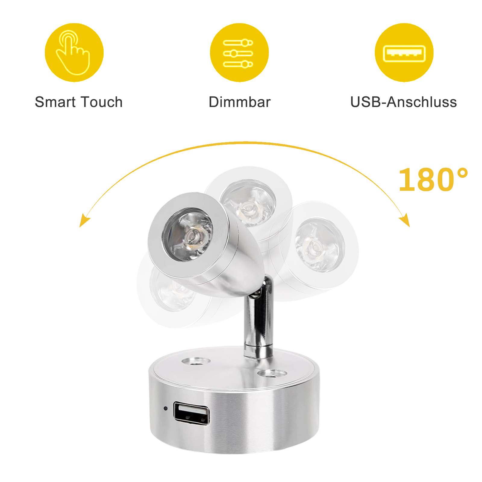 Eine silberne, verstellbare LED-Leuchte mit USB-Anschluss. Das Bild zeigt die Leuchte in mehreren Positionen. Text beschreibt die Funktionen.