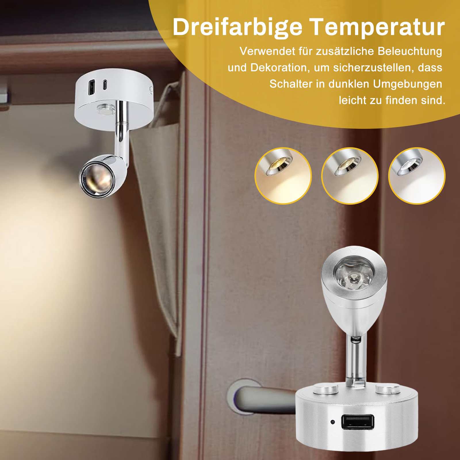Ein Bild einer Lampe mit drei verschiedenen Lichttemperaturen und einem USB-Anschluss am Sockel.
