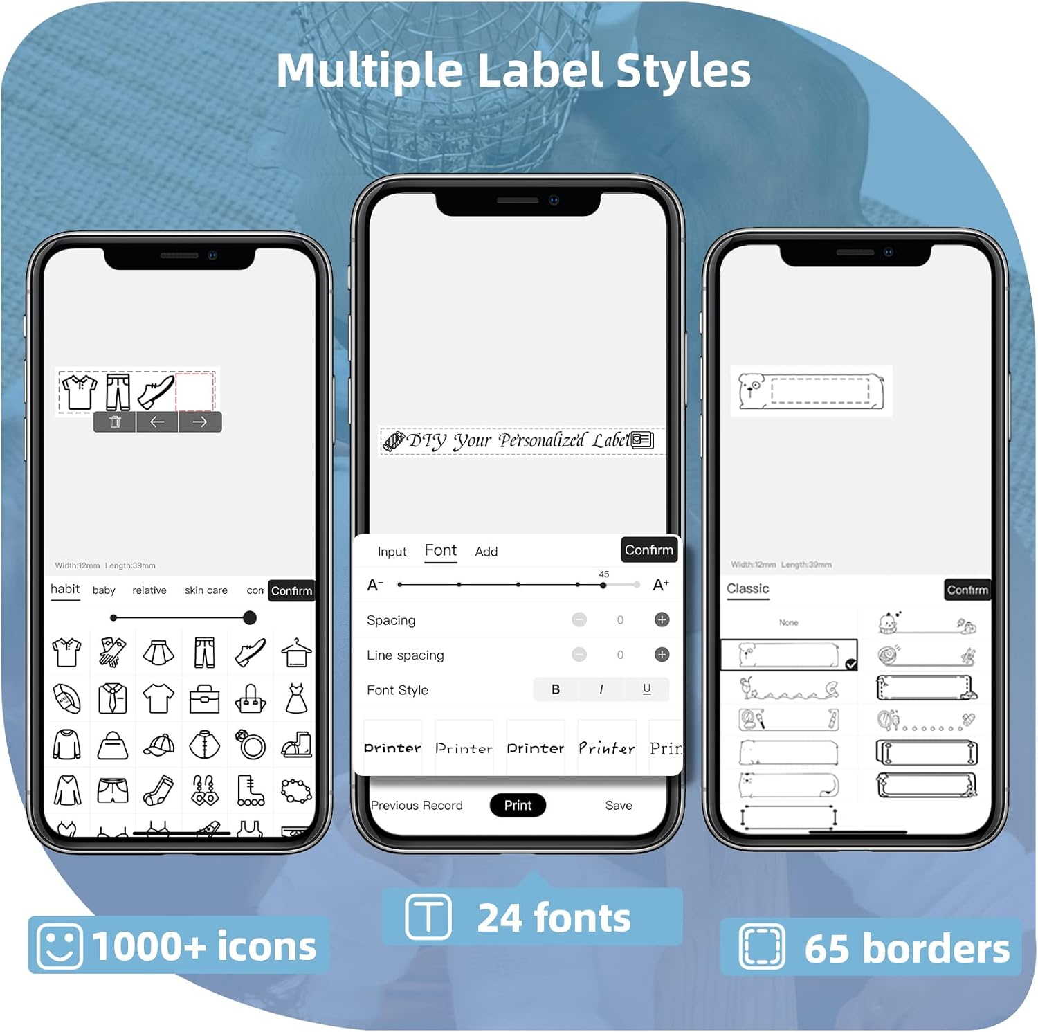 Drei Smartphones, die Benutzeroberflächen für das Etikettendesign anzeigen. Symbole, Schriftarten und Rahmen sind abgebildet.