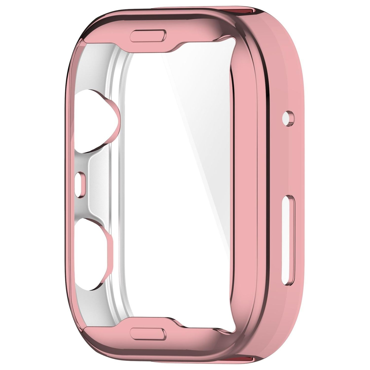 Ein rosa Uhrengehäuse mit einem transparenten Bildschirm. Es gibt Aussparungen für Knöpfe und Sensoren. Es ist eine Schutzhülle.