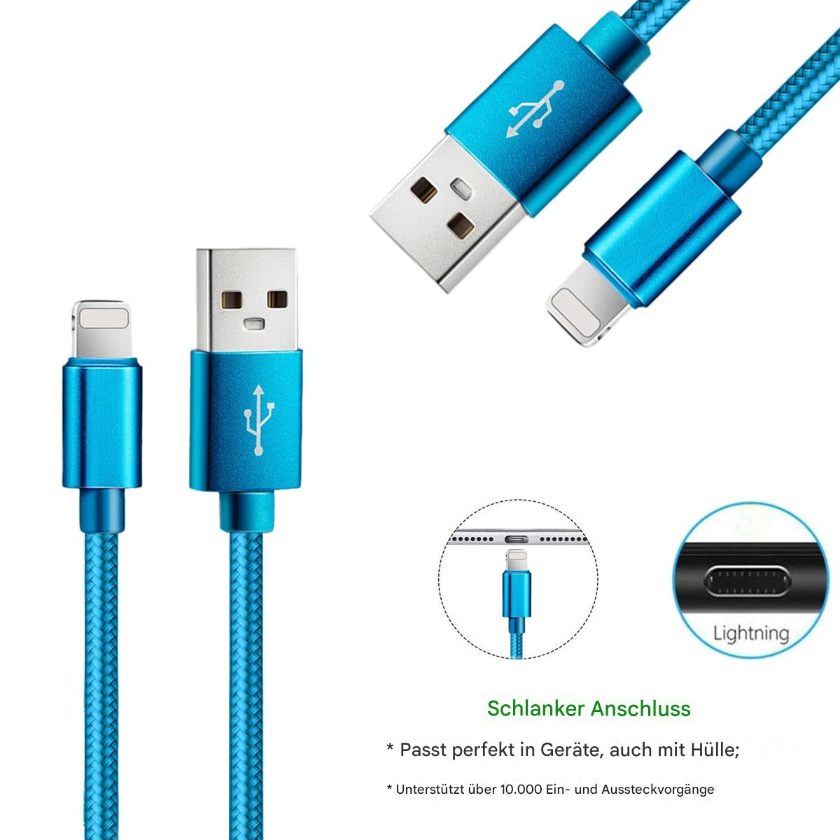 Zwei blaue USB-Kabel. Eines hat einen USB-A-auf-Lightning-Anschluss, das andere USB-A auf USB-C. Text auf Deutsch.
