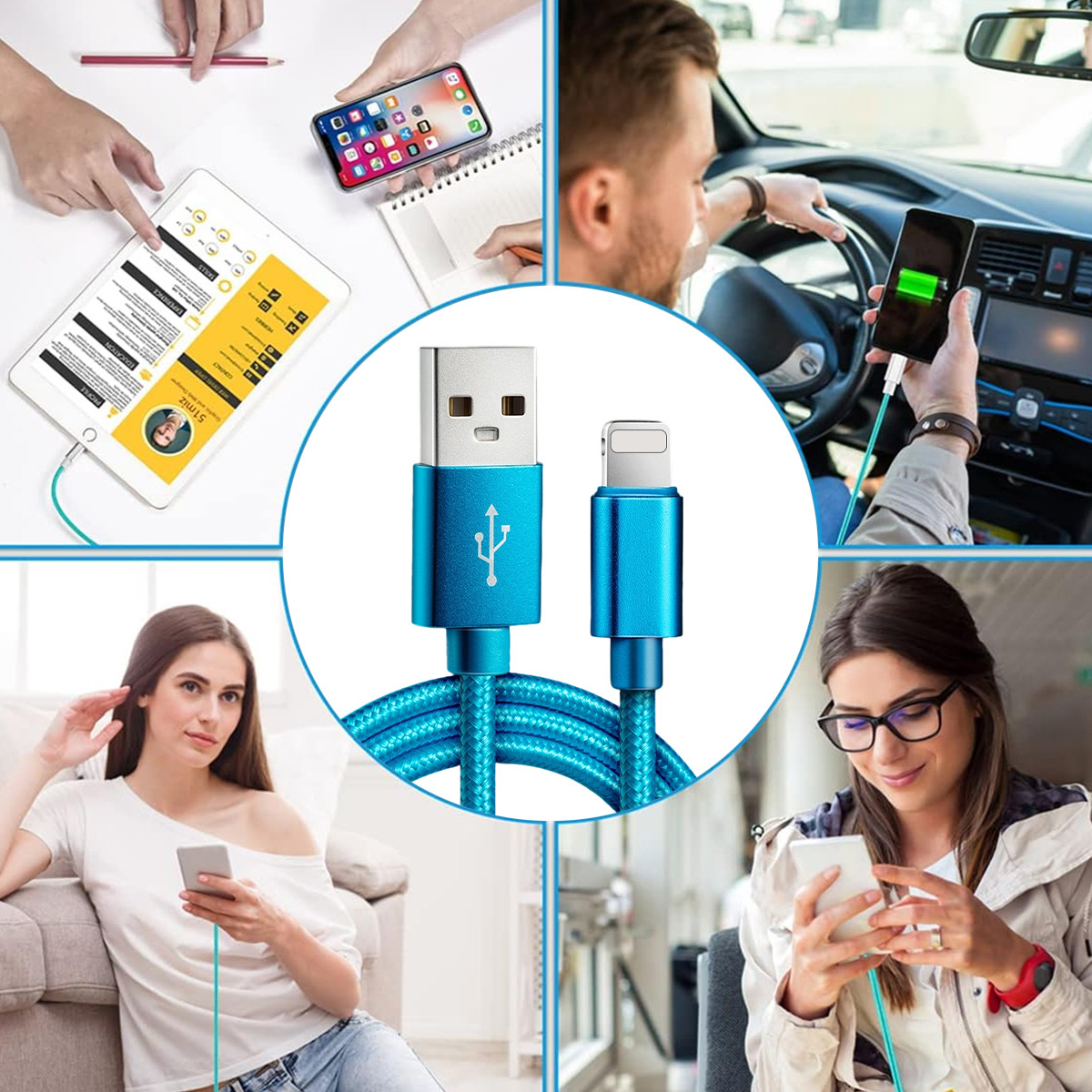 Ein USB-zu-Lightning-Kabel in Gebrauch. Zeigt Personen, die das Kabel mit verschiedenen Geräten verwenden.