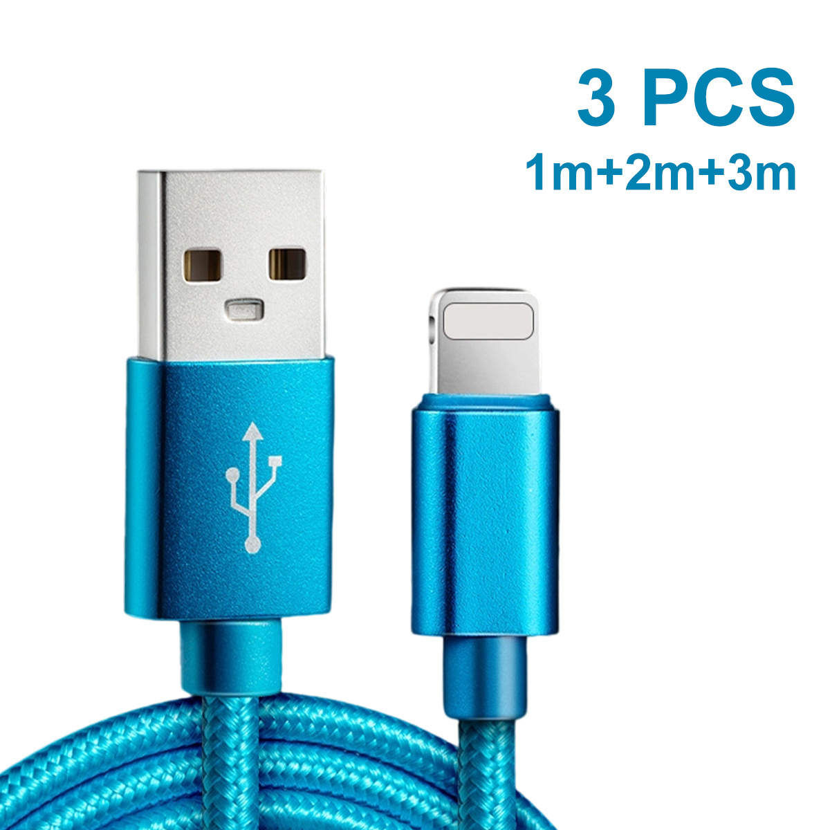 Blaue USB-zu-Lightning-Kabel, 1 m, 2 m und 3 m lang. Weißer Hintergrund.