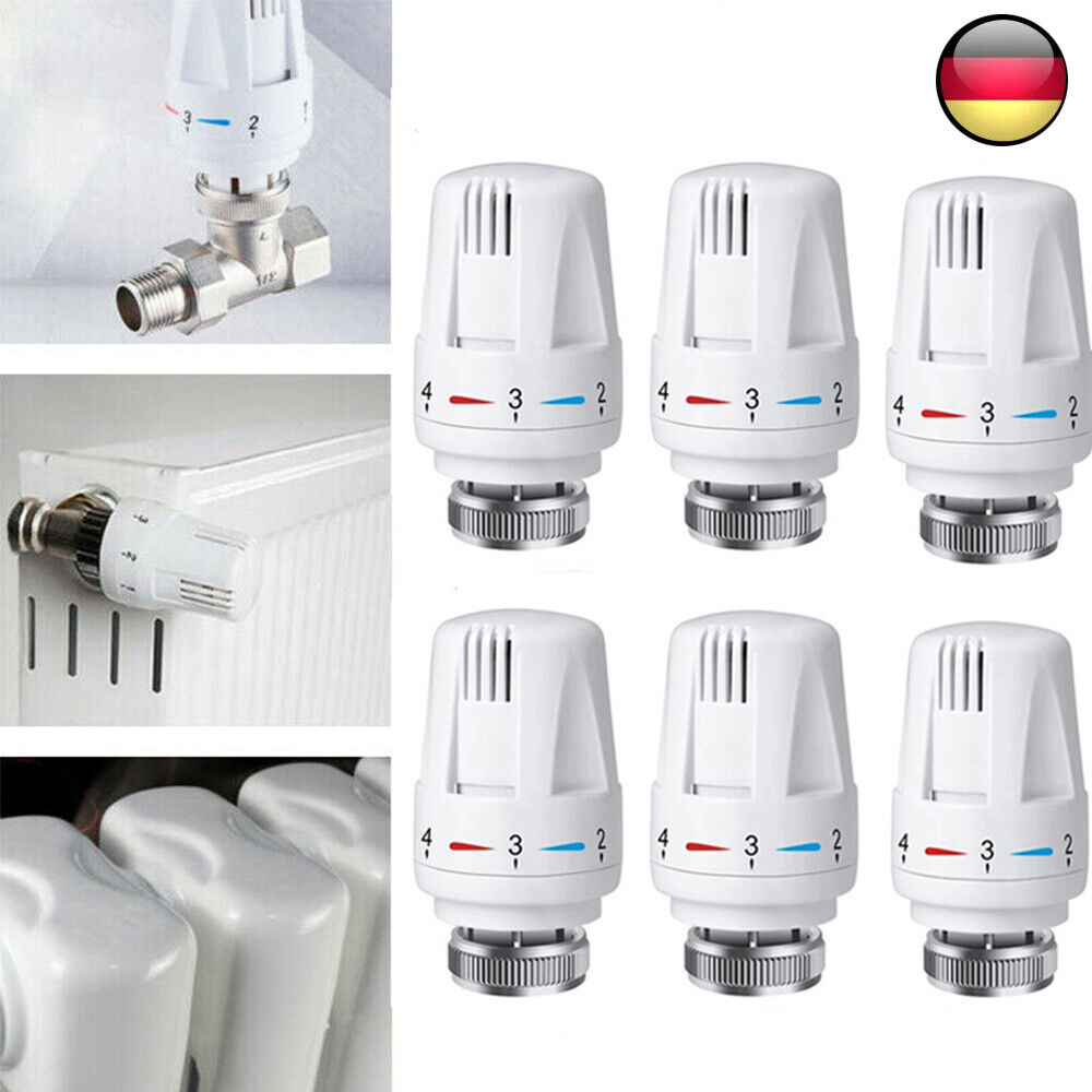 Mehrere weiße Heizkörperthermostate. Einige sind befestigt und zeigen Zahlen und Schneeflockensymbole.