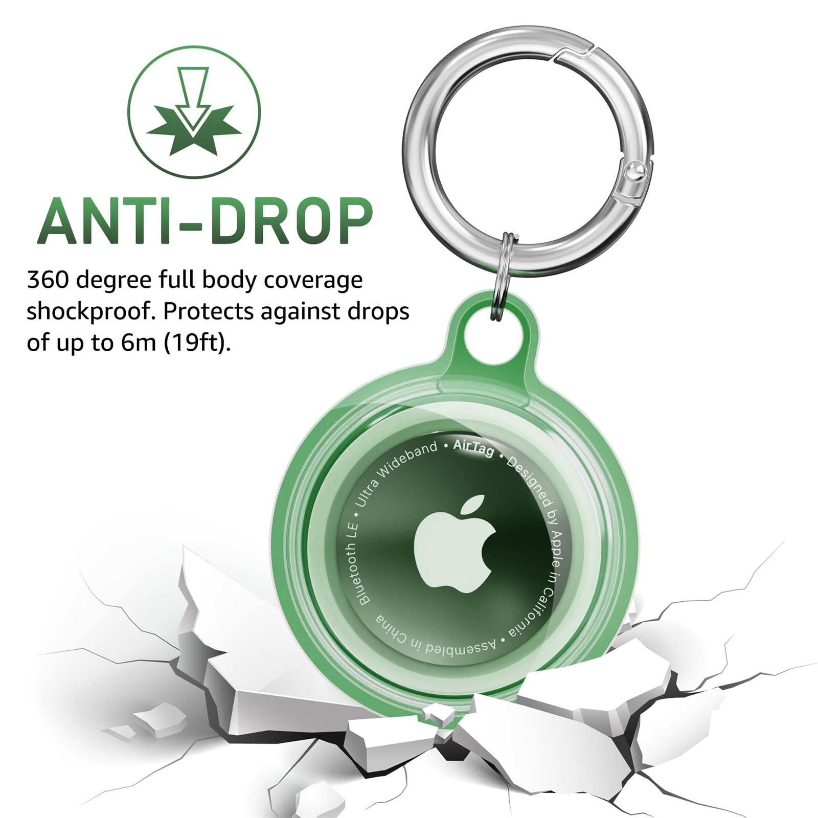 Ein grüner AirTag-Halter mit silbernem Schlüsselanhänger, Text: ANTI-DROP, mit rissiger Oberfläche.