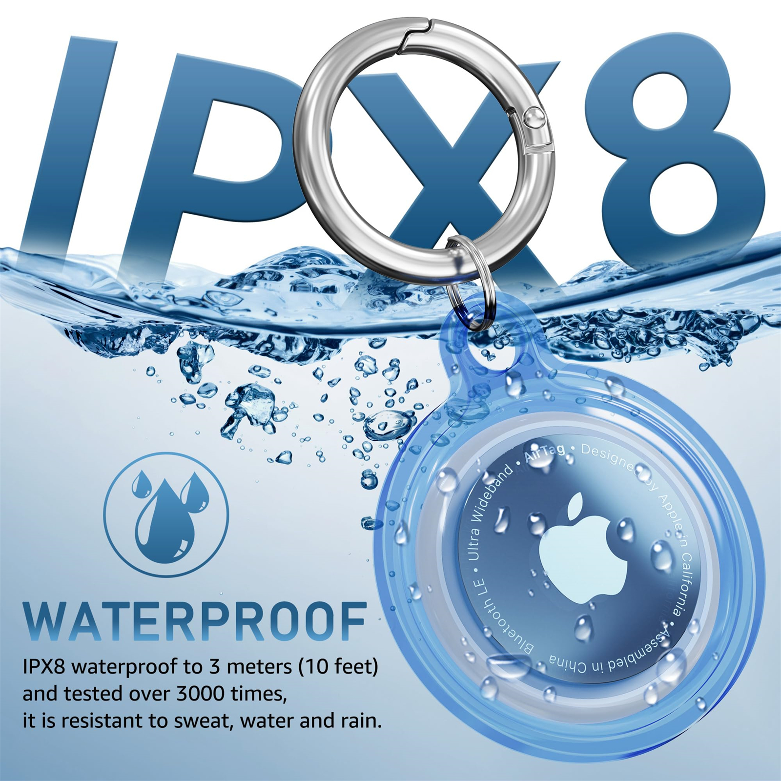 Blauer Tracker mit Metallring schwimmend im Wasser. 'IPX8 Wasserdicht' mit Wassertropfen geschrieben. Apple-Logo sichtbar.