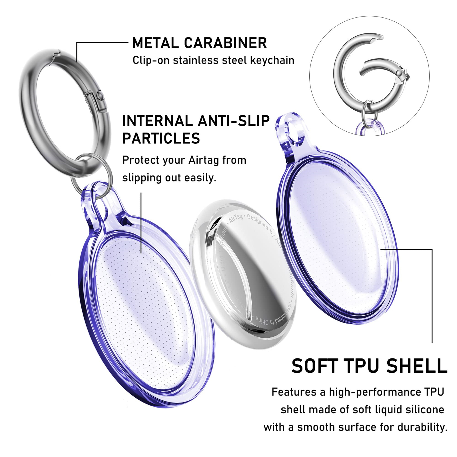 Explosionsansicht eines AirTag-Halters, mit Metallkarabiner, durchsichtiger Hülle und inneren Punkten.