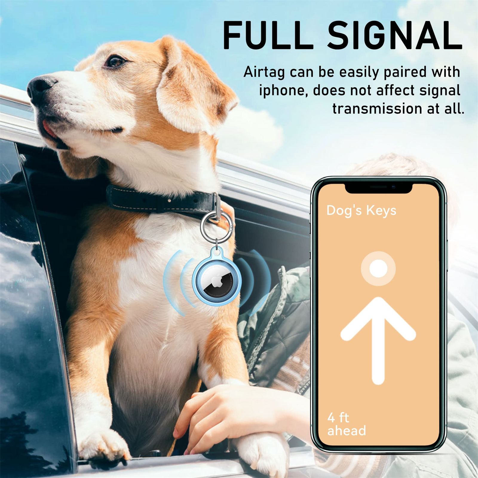 Hund im Autofenster mit Tracker. Telefon zeigt 'Dog's Keys' und Pfeil für 4 ft voraus. Text sagt 'Full Signal'.