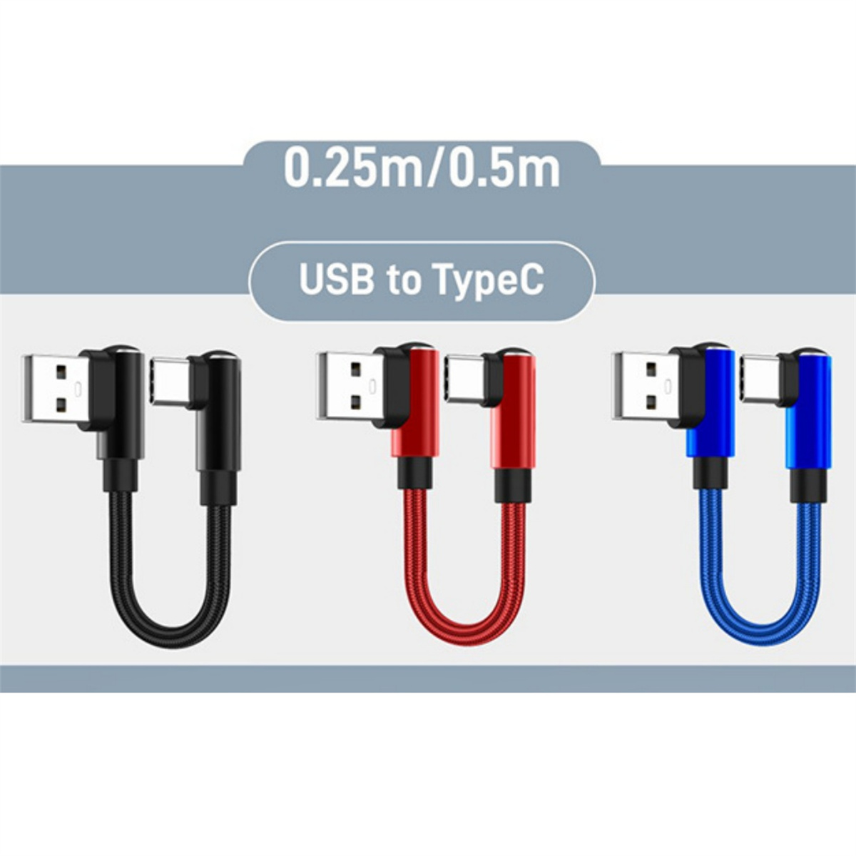 USB-zu-Typ-C-Kabel in Schwarz, Rot und Blau. Jedes hat einen 90-Grad-Anschluss, der Text sagt 0,25 m/0,5 m.