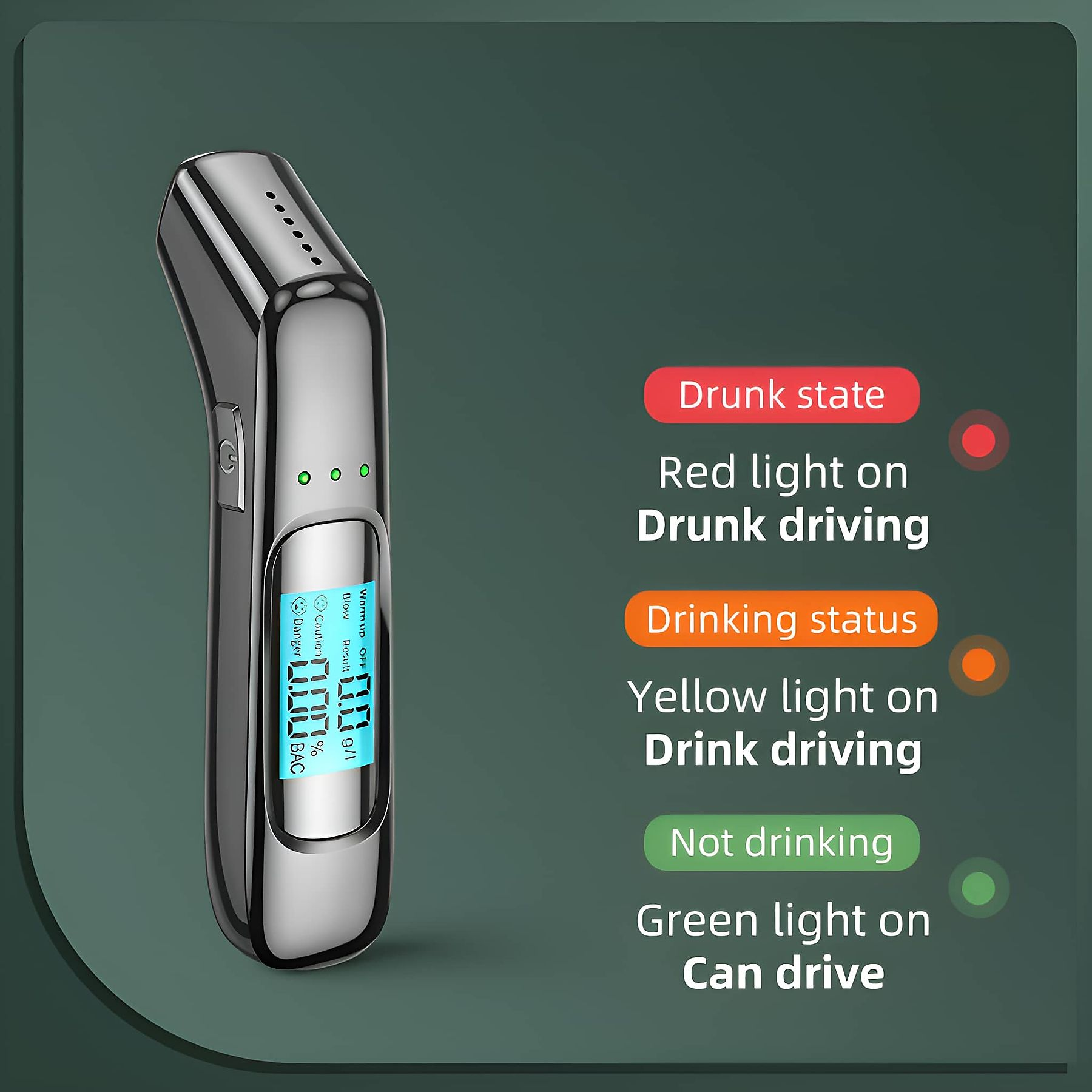 Ein Alkoholtester mit Anzeige des Alkoholpegels und Statusanzeigen.