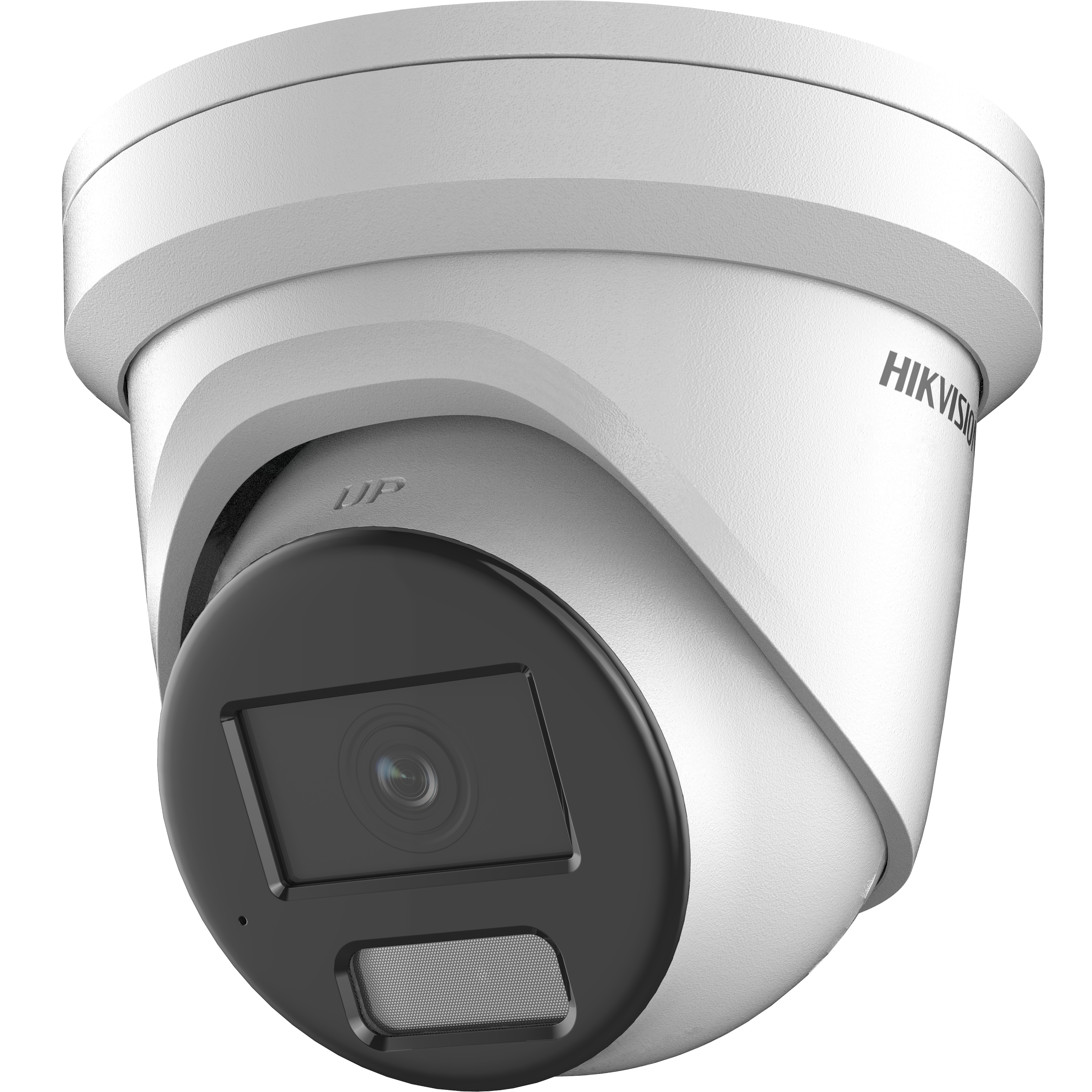 Eine weiße, kuppelförmige Überwachungskamera mit schwarzer Vorderseite und dem Hikvision-Logo.