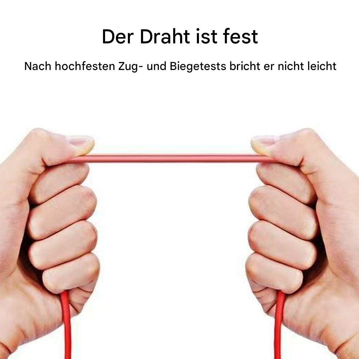 Hände ziehen an einem roten Kabel. Text: Der Draht ist fest. Er bricht nach Tests nicht leicht.