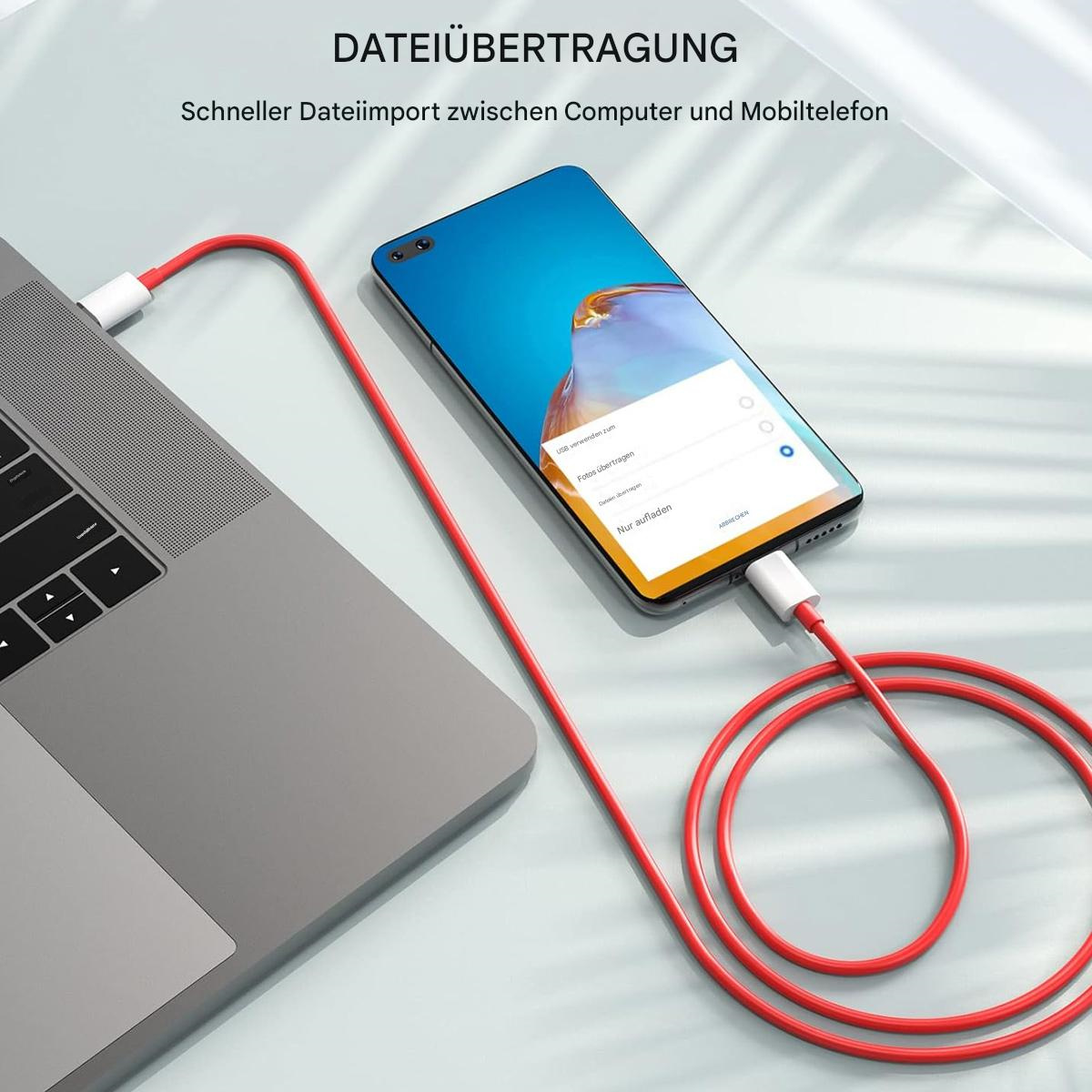 Ein Laptop und ein Telefon sind mit einem roten Kabel verbunden. Text: Dateiübertragung, schnellerer Datenimport.