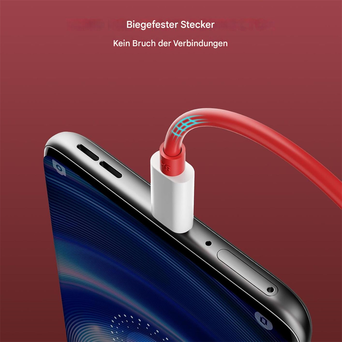 Ein rotes Kabel ist in ein Telefon eingesteckt. Text: Biegefester Stecker. Kein Bruch der Verbindungen.