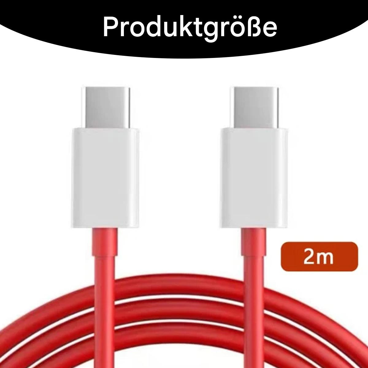 Zwei rote USB-C-Kabel mit weißen Steckern, beschriftet mit 2m, zeigen die Länge.