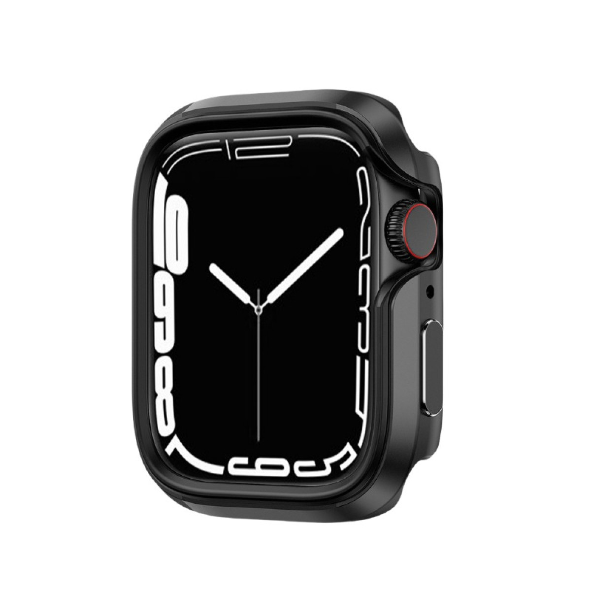 Smartwatch nero con custodia nera su sfondo bianco.