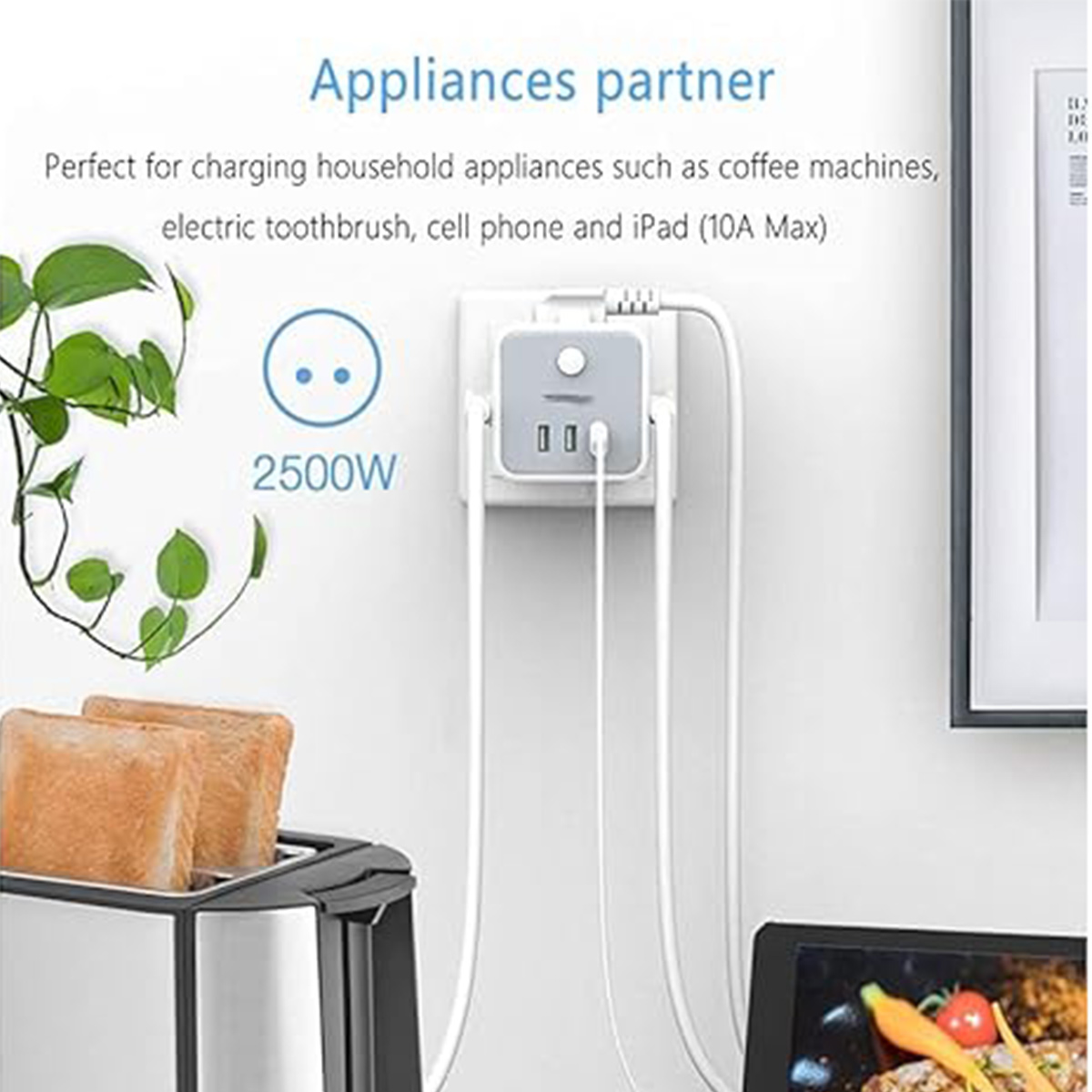 Ein Würfel, der in einer Wand steckt, mit einem Toaster und einem ladenden Telefon. Text: Gerätepartner. 2500W.