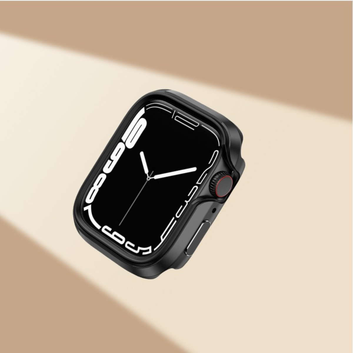 Uno smartwatch nero con custodia, angolato su uno sfondo beige.