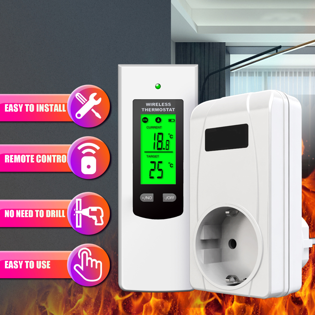 Ein drahtloses Thermostat mit Anzeige von Ist- und Solltemperatur und einer angeschlossenen Steckdose.