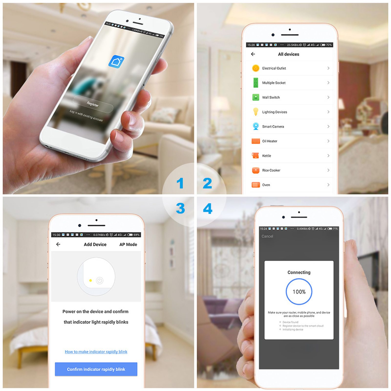 Vier Screenshots, die die Einrichtung der Smart Home App auf einem Telefon demonstrieren.