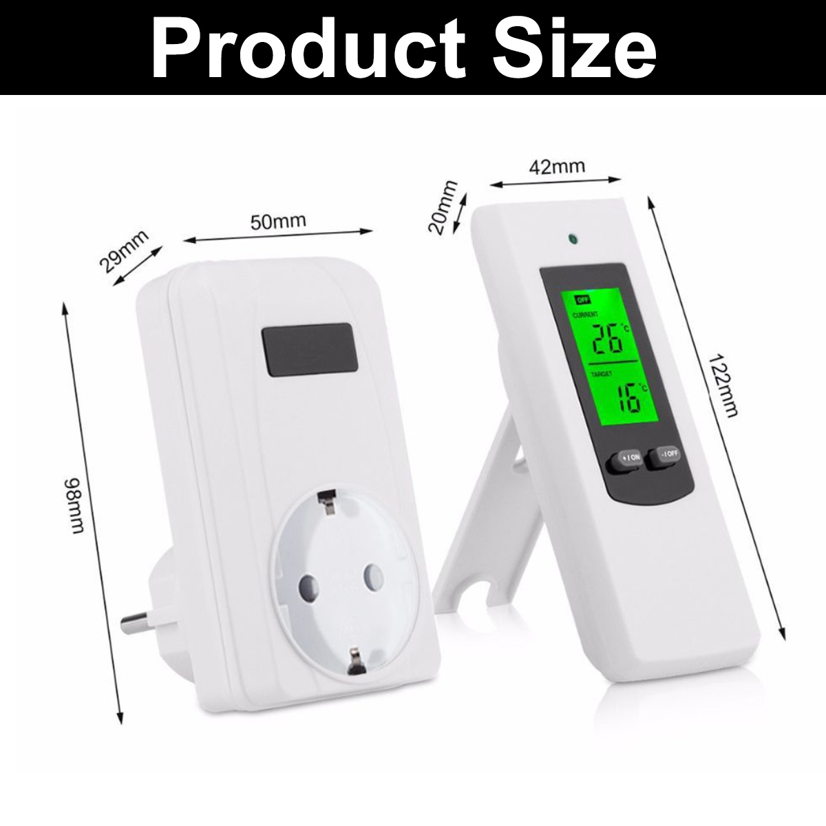 Produktgrößenanzeige mit Smart-Plug und Fernbedienung mit Abmessungen.