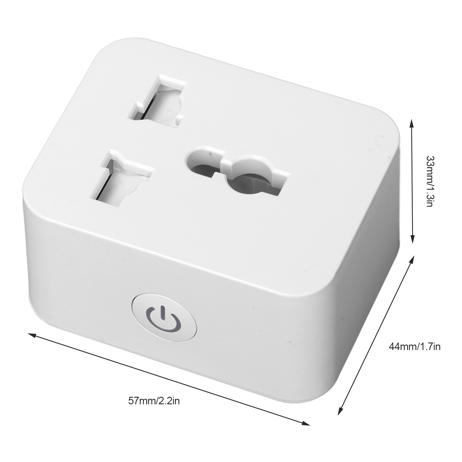 Weißer Netzadapter mit Ein/Aus-Taste, mit Abmessungen in mm und Zoll.
