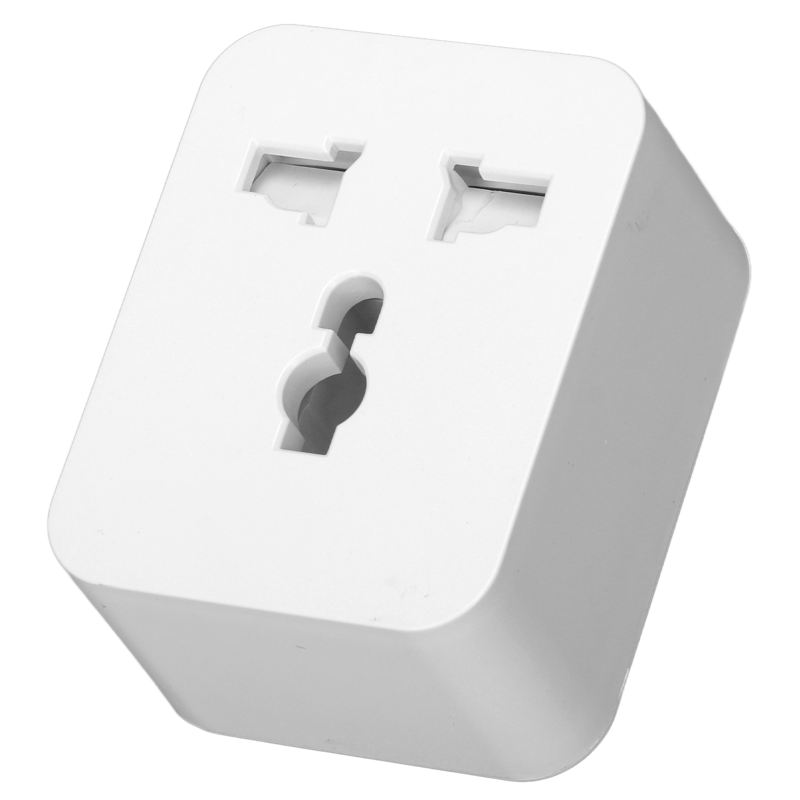 Weißer Universal-Reiseadapter mit drei Löchern für verschiedene Steckertypen.