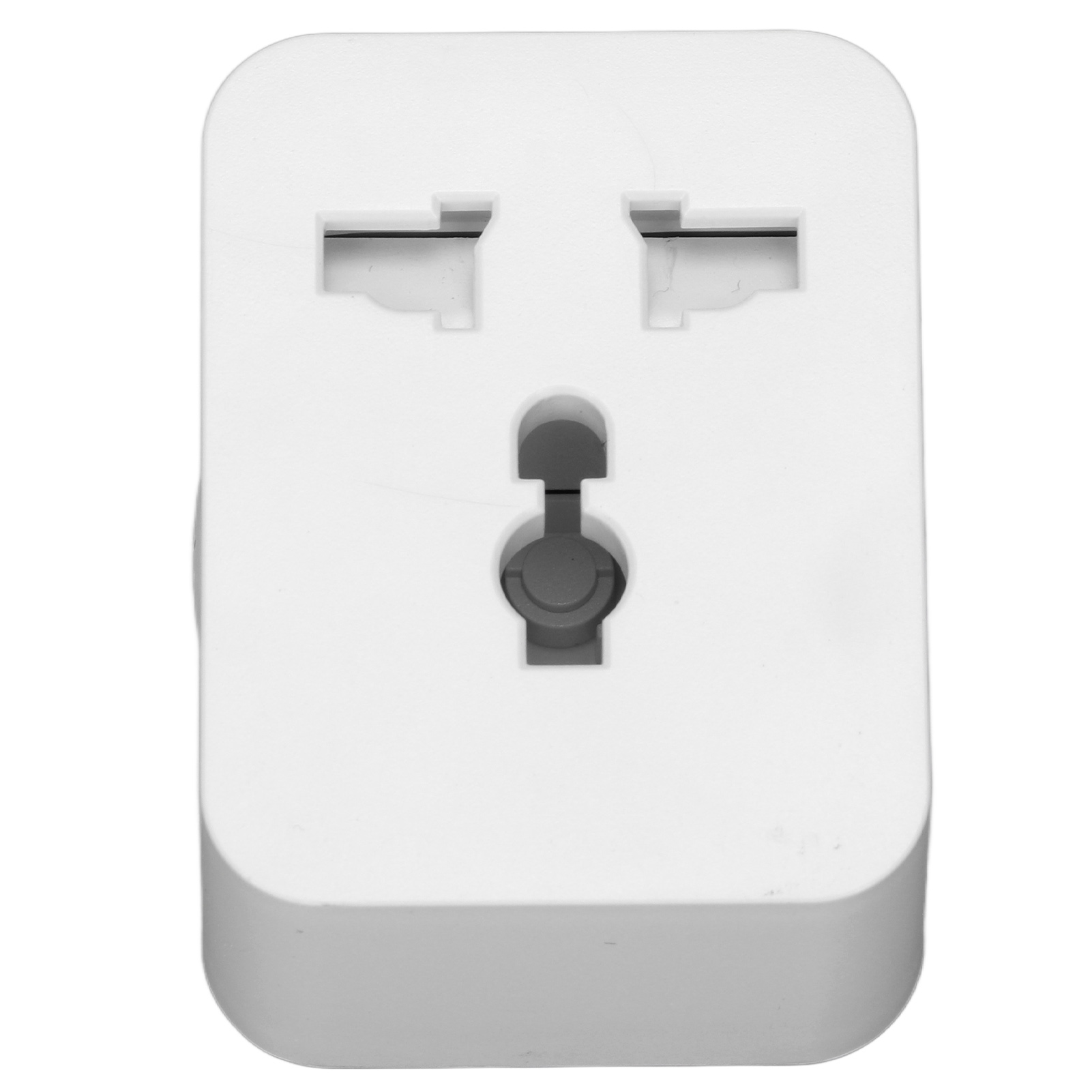 Weißer Netzadapter mit mehreren Steckdosen. Die Steckdosen sind grau.