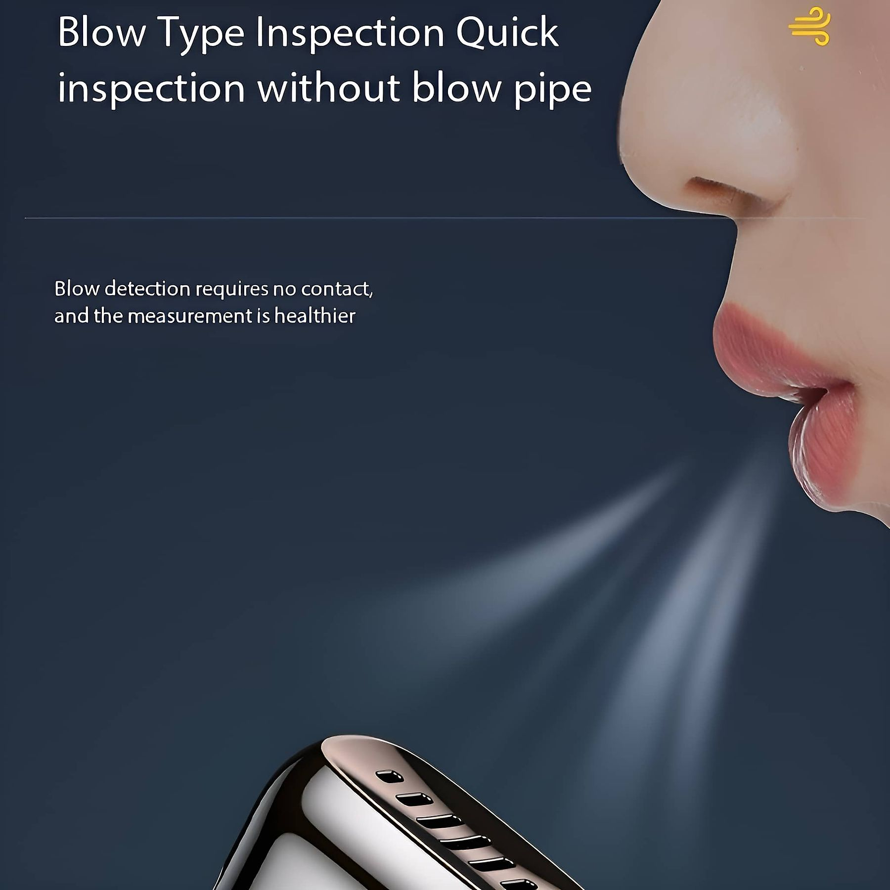 Die Lippen einer Person atmen Dampf in Richtung des Sensors eines Geräts aus, mit Text über die Inspektion ohne Blasrohr.