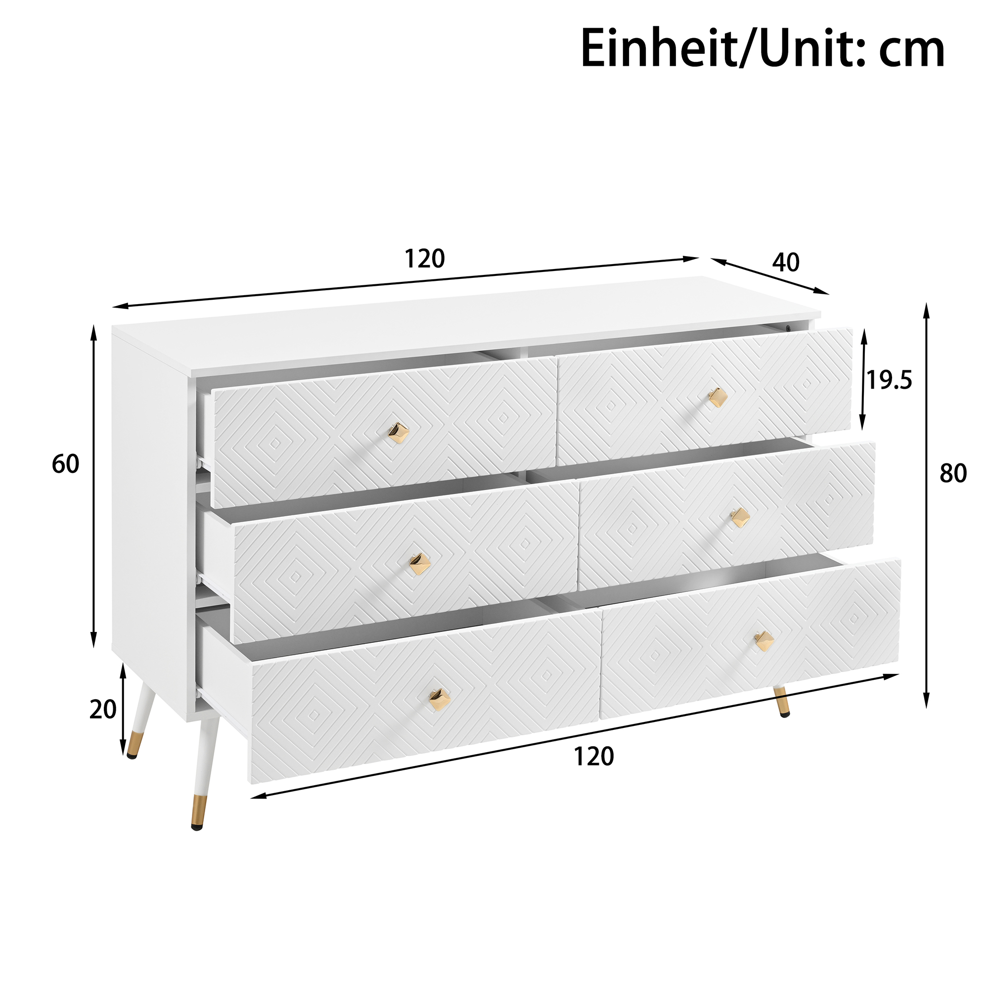 Weiße Kommode mit geometrischem Muster, goldenen Knöpfen und Beinen. Abmessungen und Maße sind im Bild enthalten.