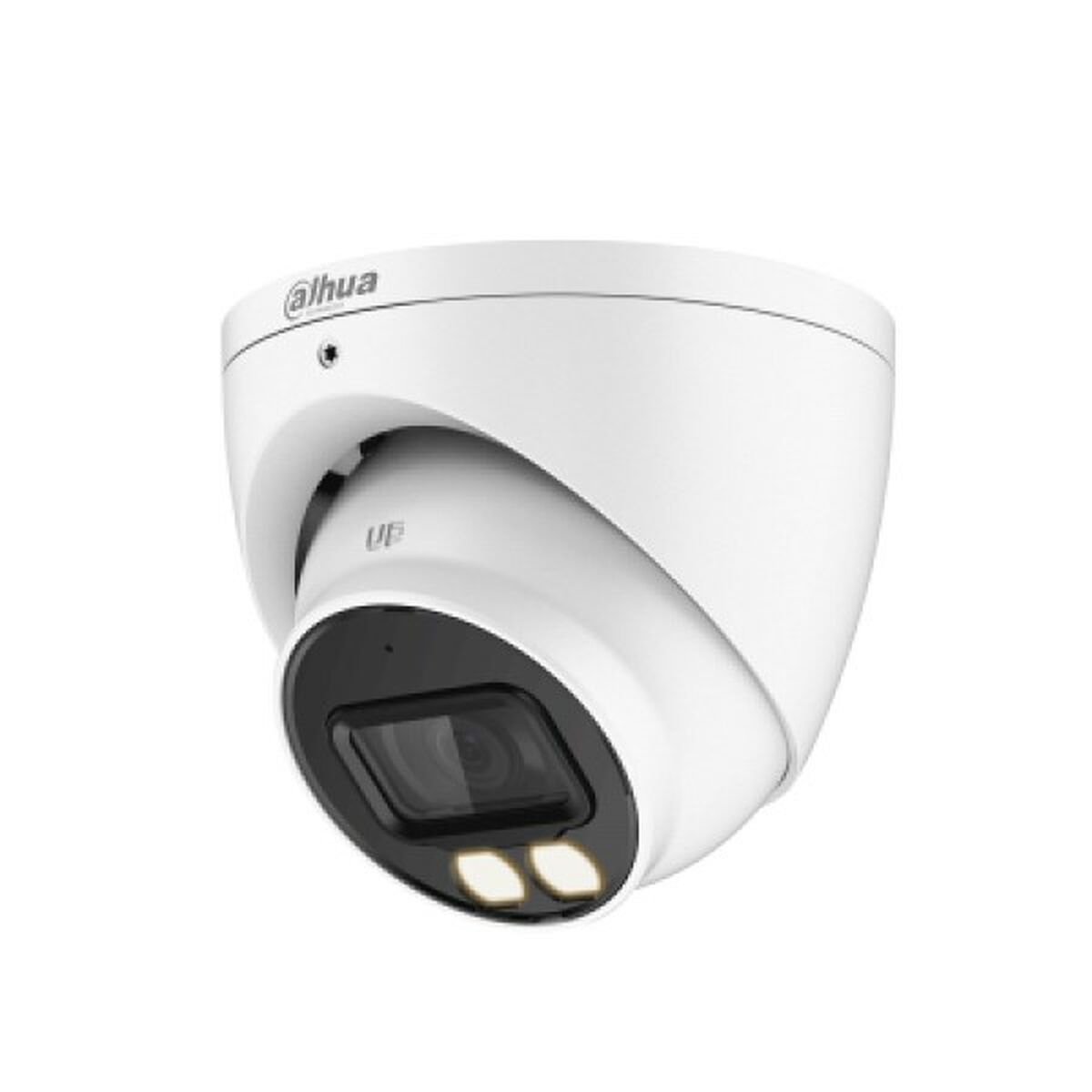 Telecamera di sicurezza bianca con obiettivo nero, logo e due luci. La fotocamera è su sfondo bianco.