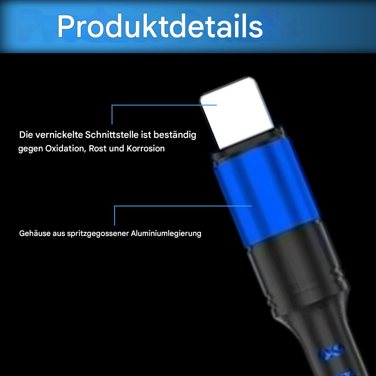 Nahaufnahme eines blau-schwarzen Ladekabels mit Textanmerkungen zum Anschluss.