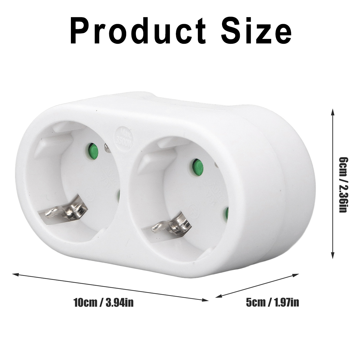 Ein weißer Netzadapter mit zwei Steckdosen. Die Abmessungen sind in cm und Zoll angegeben.