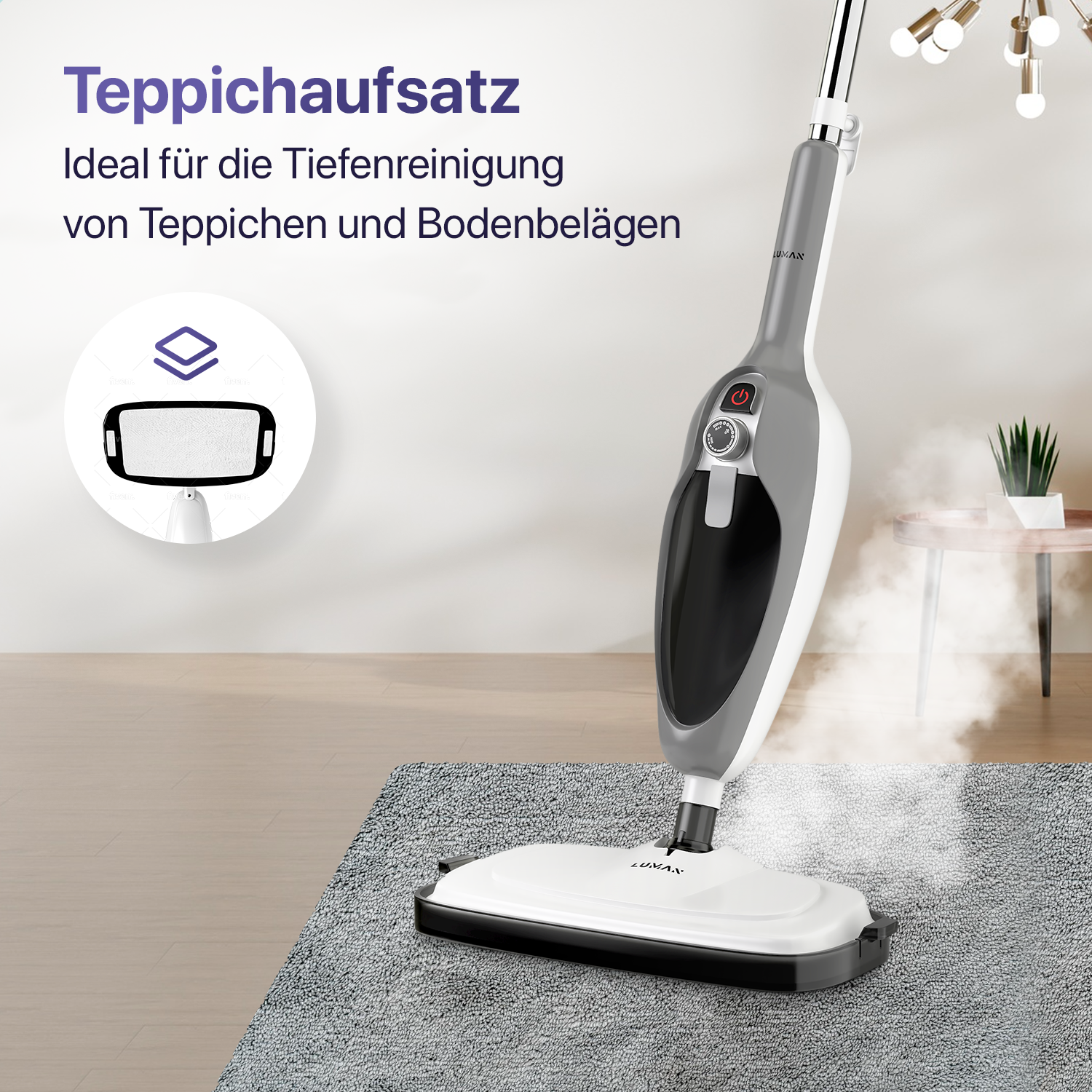 Dampfreiniger auf Teppich, grau und weiß. Text: Teppichaufsatz.