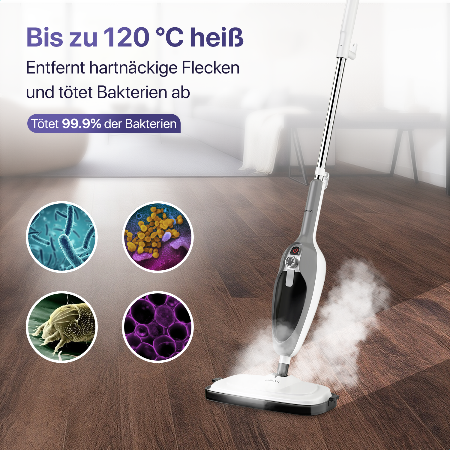 Ein Dampfmopp mit weiß-grauem Griff und Reinigungskopf, mit Text und Bildern drumherum.