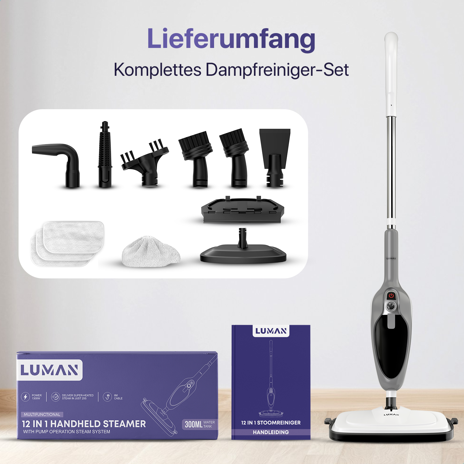 Dampfreiniger-Set mit Zubehör und Box. Text: 12 in 1 Handheld Steamer.