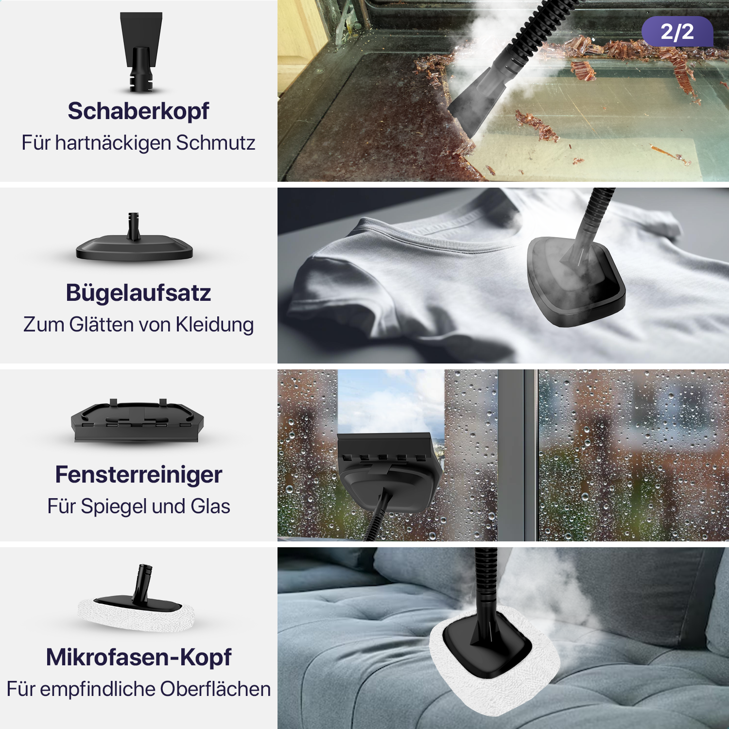 Vier Bilder von Dampfreinigeraufsätzen. Text auf Deutsch über das Produkt.