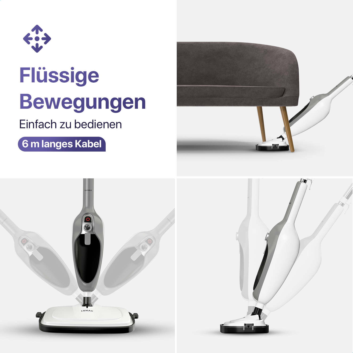 Mehrere Bilder eines Dampfreinigers in Aktion. Text auf Deutsch über das Produkt.