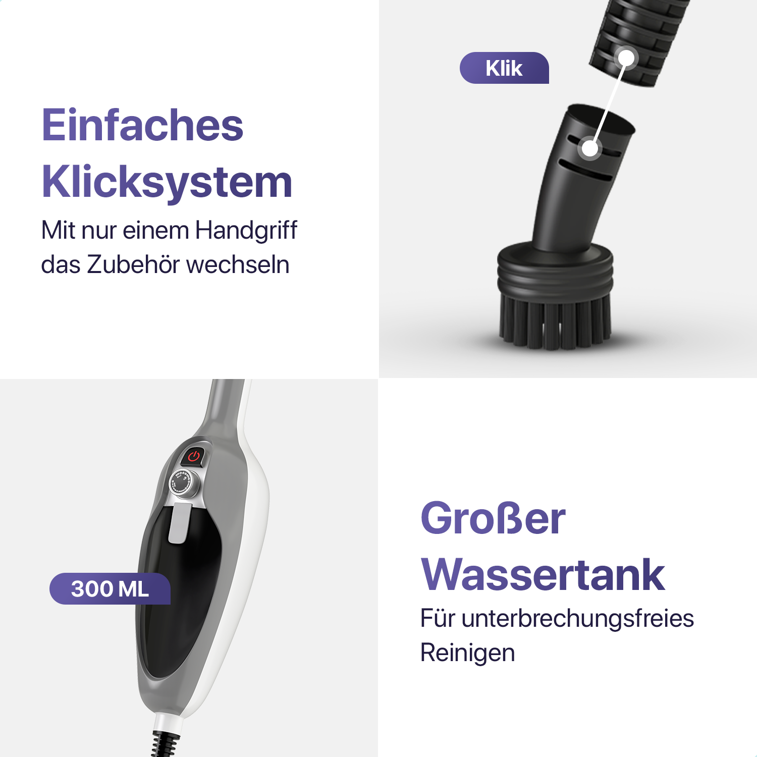 Nahaufnahme von Dampfreiniger-Komponenten. Text: Einfaches Klicksystem, Großer Wassertank.