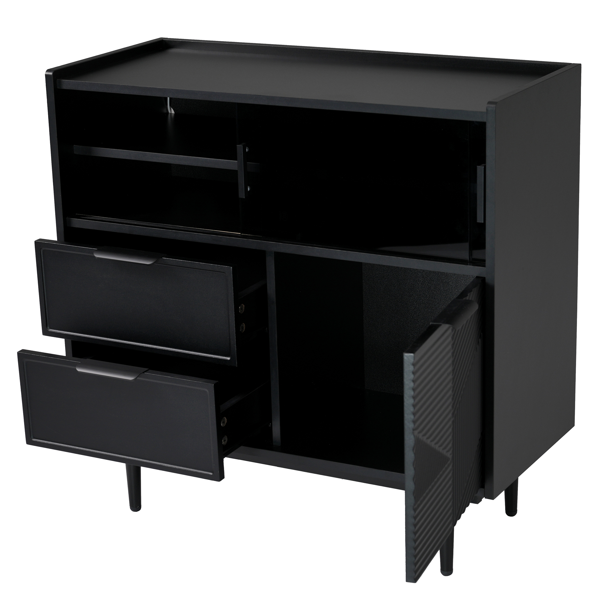 Schwarzer Schrank mit Schubladen und einer offenen Tür, die ein gemustertes Interieur und Schubladen zeigt.