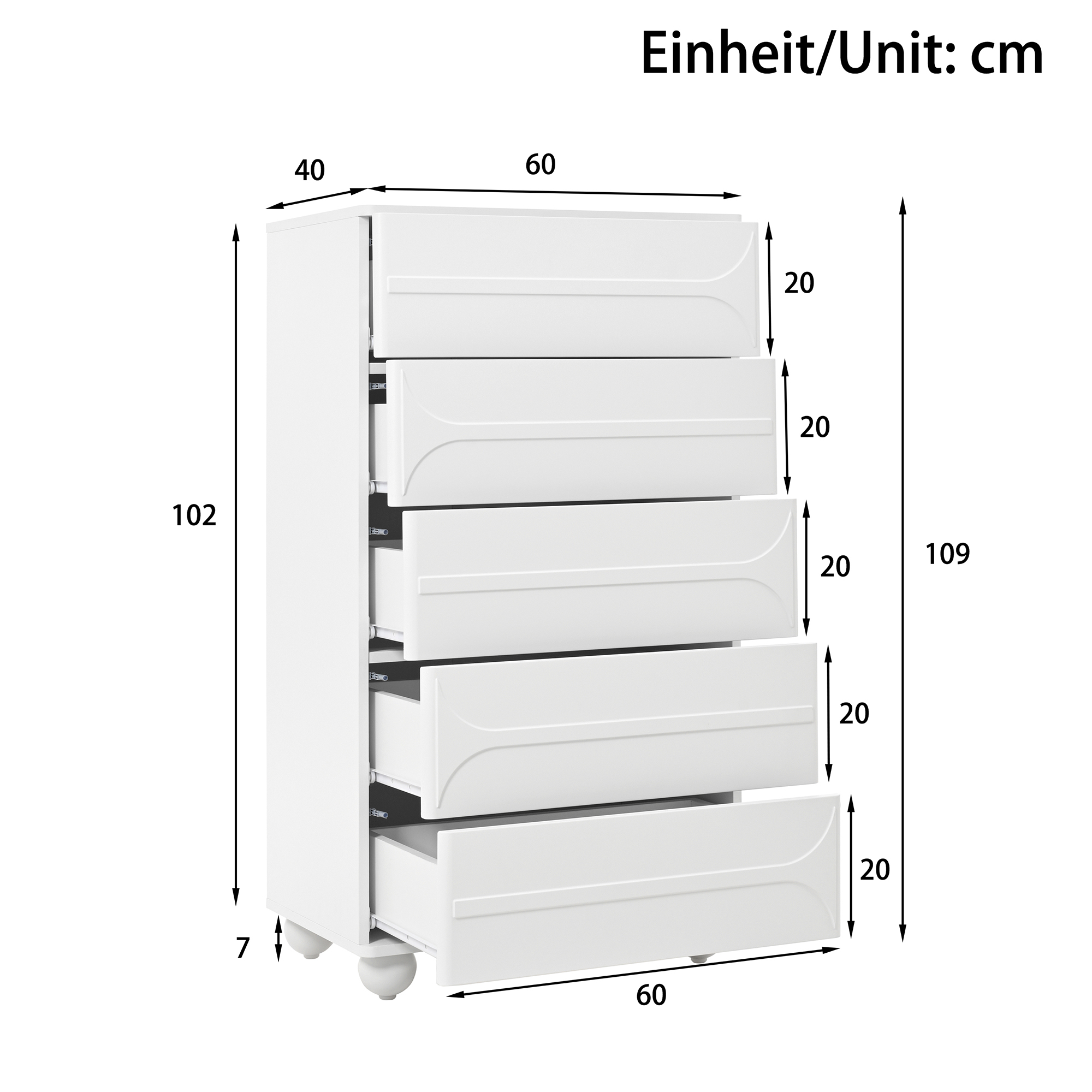 Weißer Schrank mit fünf Schubladen. Maße sind in cm angegeben.
