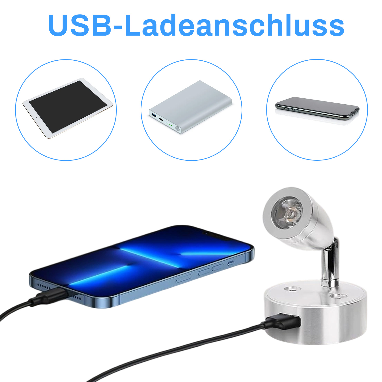 Ein Telefon, das aufgeladen wird. Das Telefon und die Leuchte sind mit einem USB-Kabel verbunden.