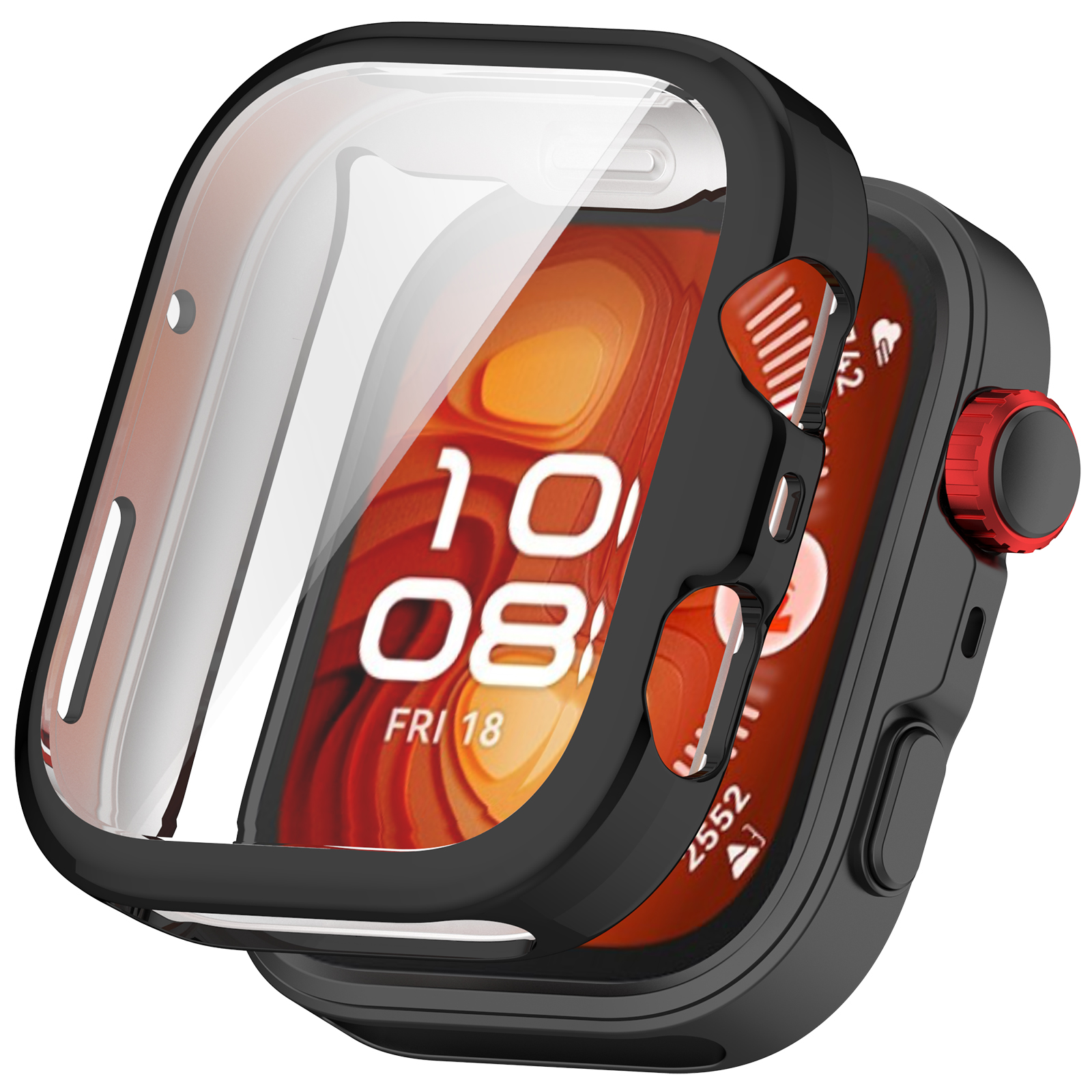 Uno smartwatch con una custodia protettiva nera e trasparente. Il quadrante mostra la data e l'ora.
