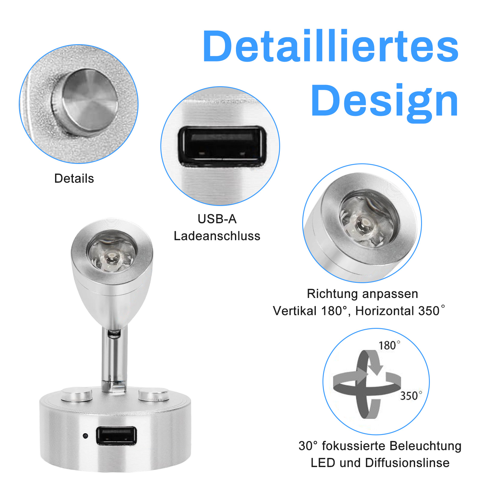 Nahaufnahme einer kleinen, silbernen Leuchte mit USB-Anschluss und Richtungsanpassungen.
